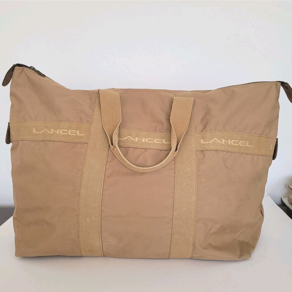 Lancel Paris Vintage Bag Duffle Handbag Zip XL‎ Large Nylon Beige Designer Logo